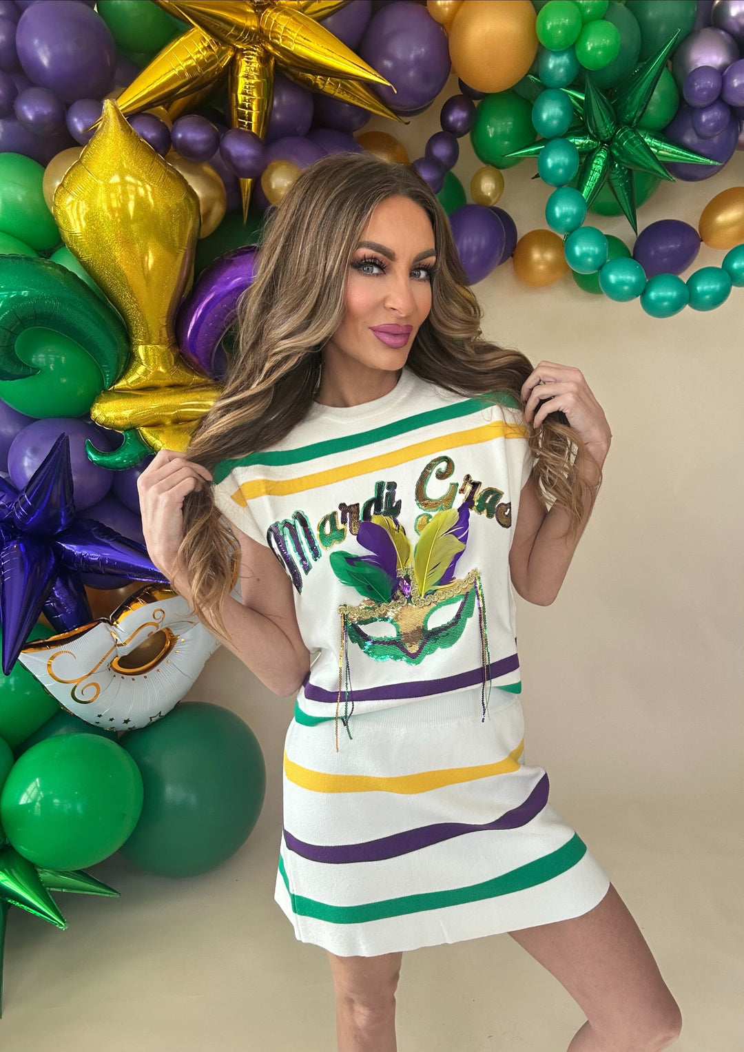 Queen Of Sparkles White Striped Mardi Gras Mask Skirt-QOS Bottoms-Queen Of Sparkles-Shop with Bloom West Boutique, Women's Fashion Boutique, Located in Houma, Louisiana