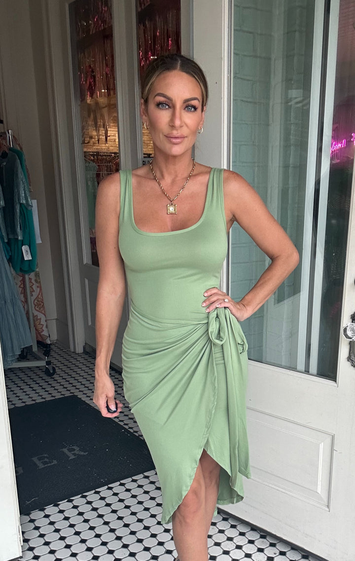 Green View. Gilda Wrap Front Tie Side Midi Dress-Midi Dresses-Capella Apparel-Shop with Bloom West Boutique, Women's Fashion Boutique, Located in Houma, Louisiana