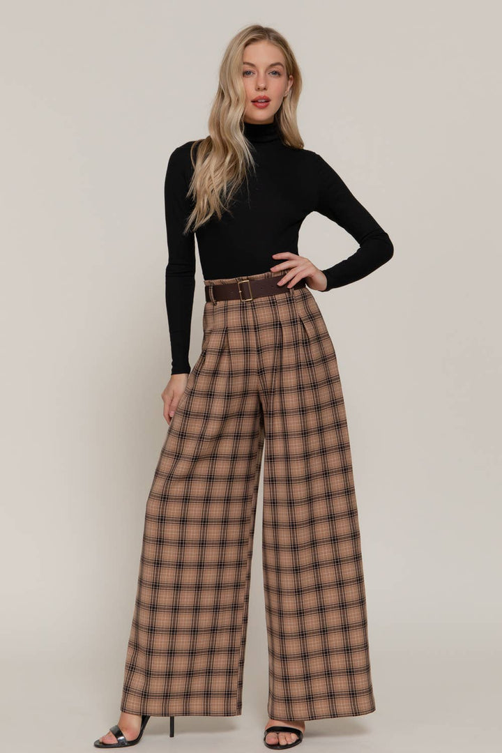 Beth Plaid Woven Wide Long Pants-Active Basic | Active USA-Shop with Bloom West Boutique, Women's Fashion Boutique, Located in Houma, Louisiana