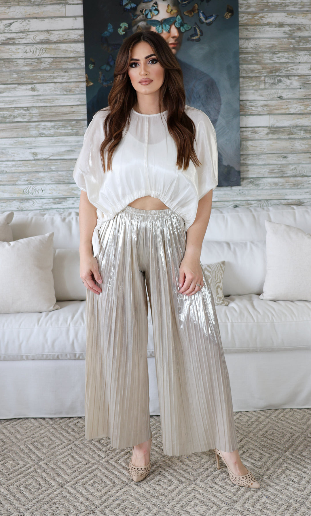 Nina Champagne Metallic Plisse Wide Leg pants-Pants-Glam-Shop with Bloom West Boutique, Women's Fashion Boutique, Located in Houma, Louisiana