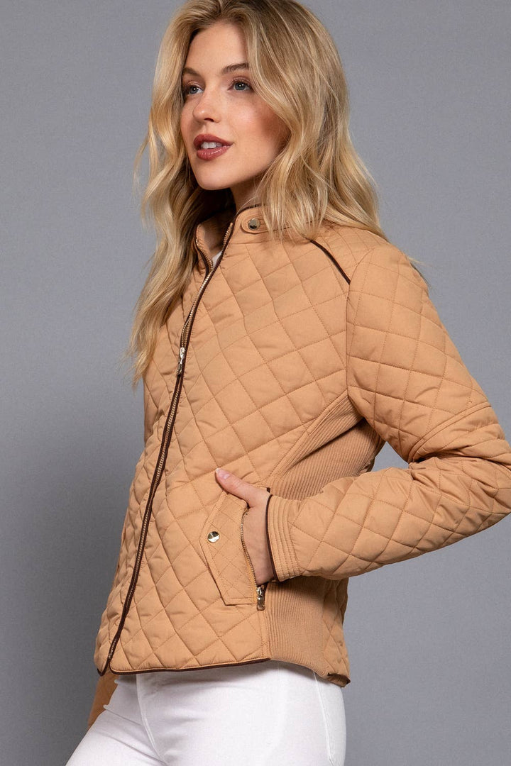 Suede Piping Detail Rib Quilted Padding Jacket : OLV-olive oil / L-Active Basic | Active USA-Shop with Bloom West Boutique, Women's Fashion Boutique, Located in Houma, Louisiana