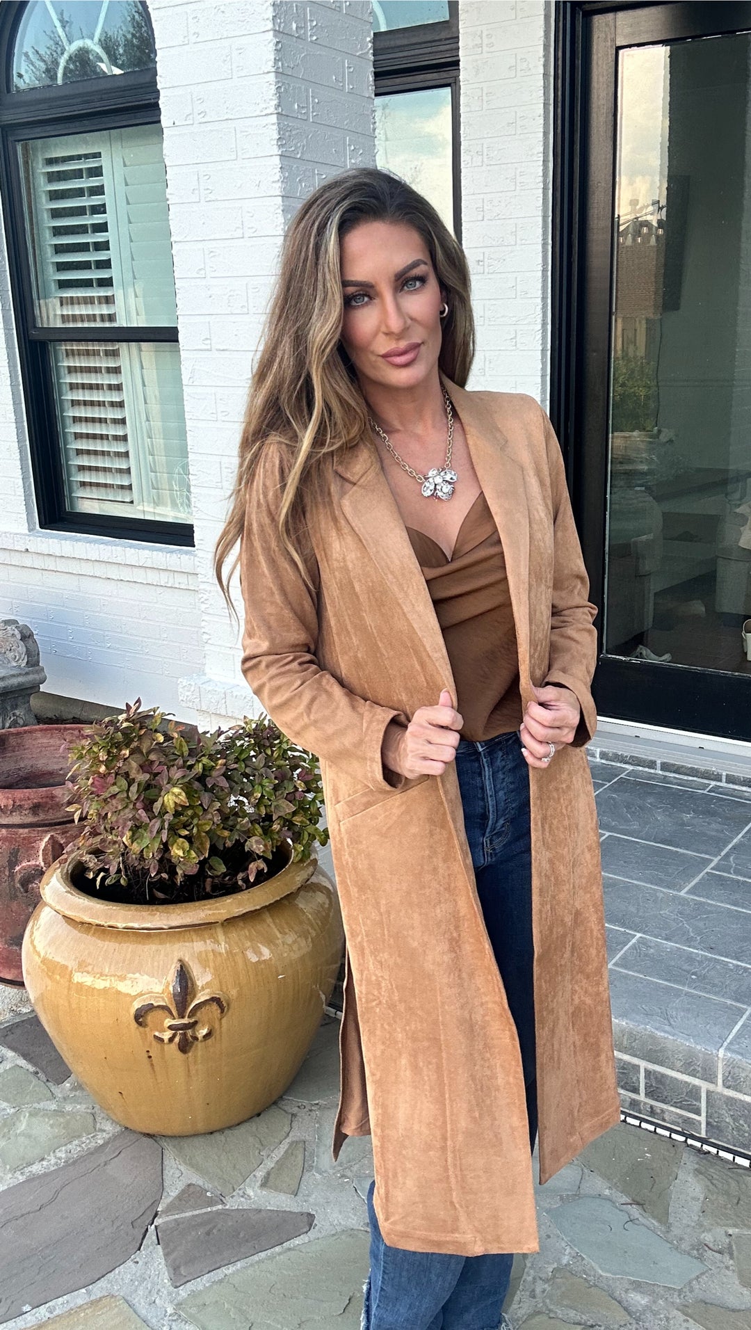 Amery Faux Suede Duster-Jackets-skies are blue-Shop with Bloom West Boutique, Women's Fashion Boutique, Located in Houma, Louisiana