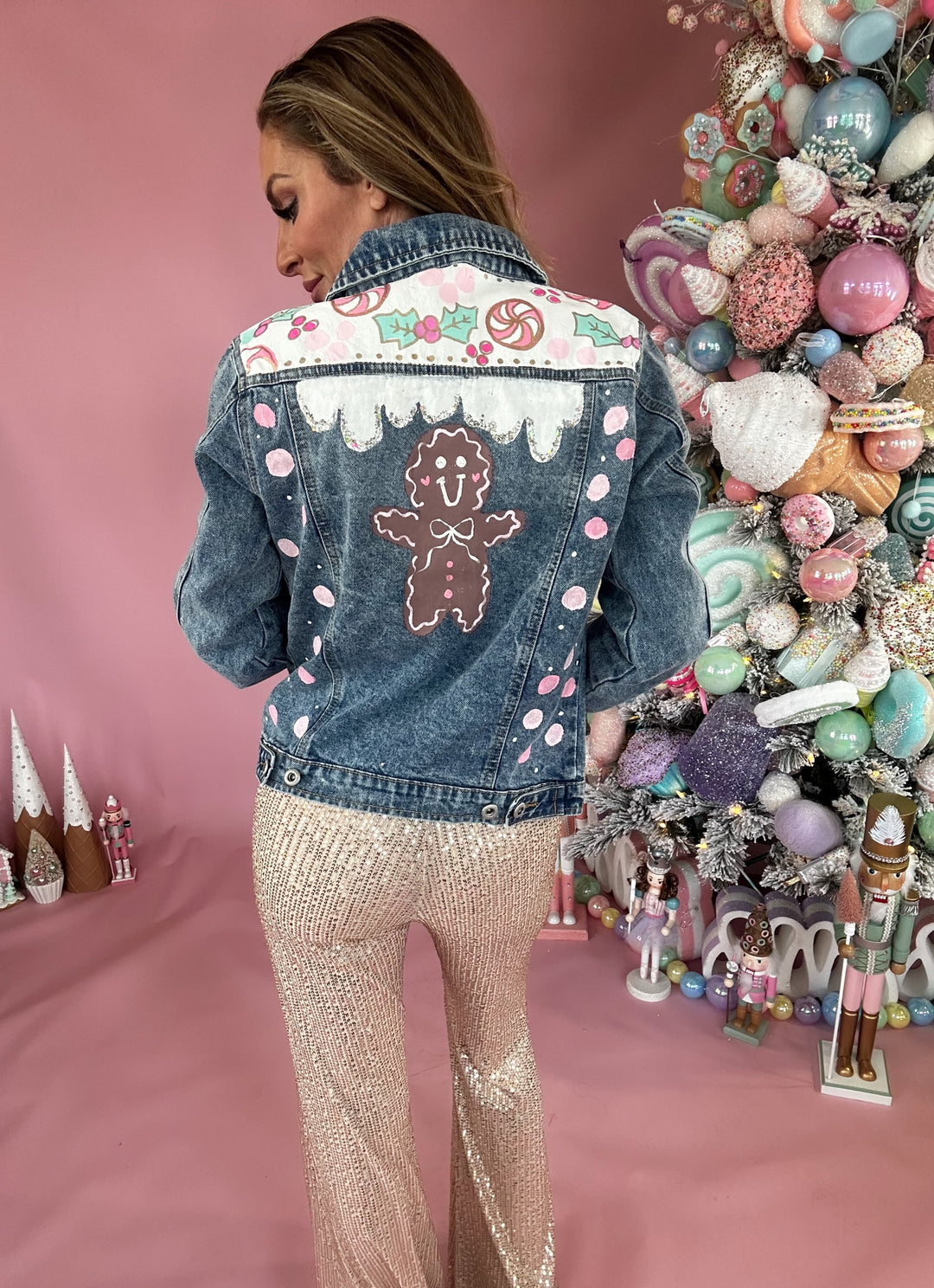 Women's Gingerbread Hand Custom Painted Denim Jacket Long Sleeve Top-Jackets-Hidden Brand-Shop with Bloom West Boutique, Women's Fashion Boutique, Located in Houma, Louisiana