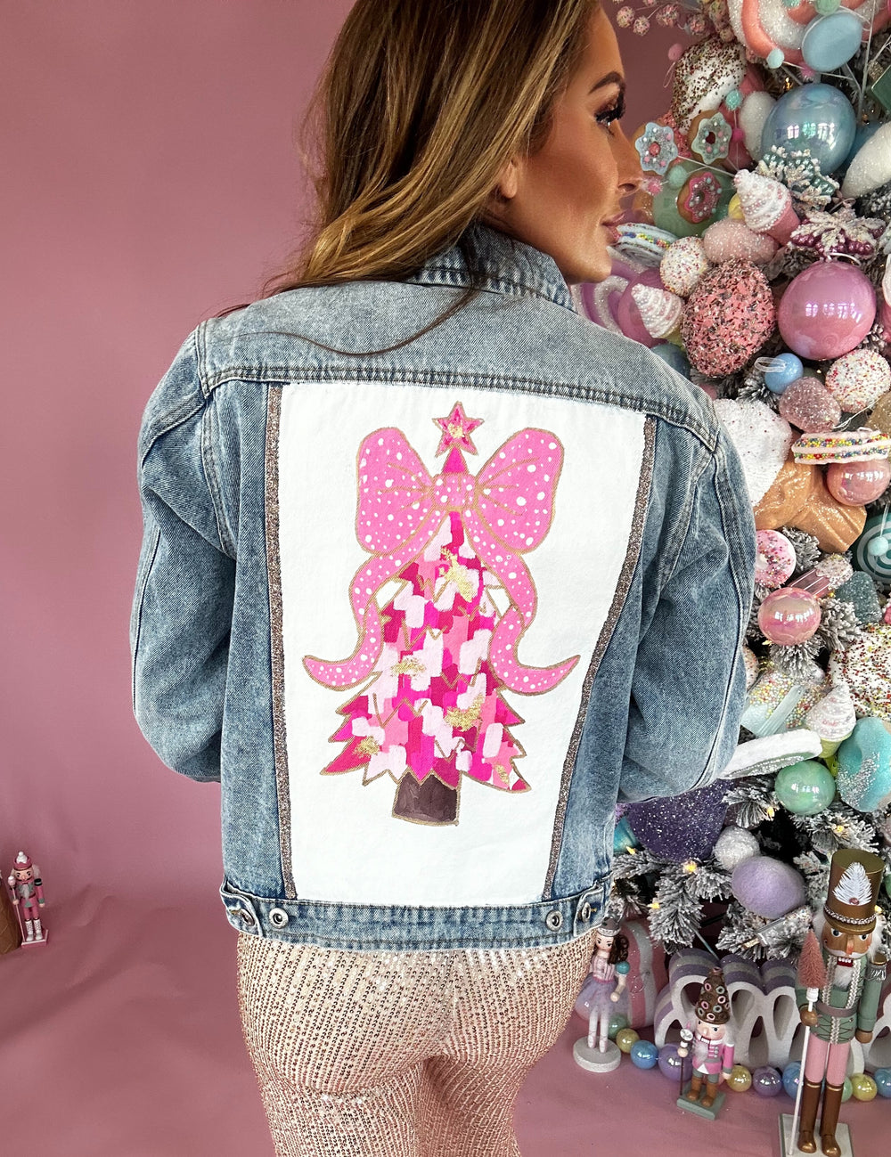 Women's Christmas Tree Hand Custom Painted Denim Jacket-Jackets-Hidden Brand-Shop with Bloom West Boutique, Women's Fashion Boutique, Located in Houma, Louisiana