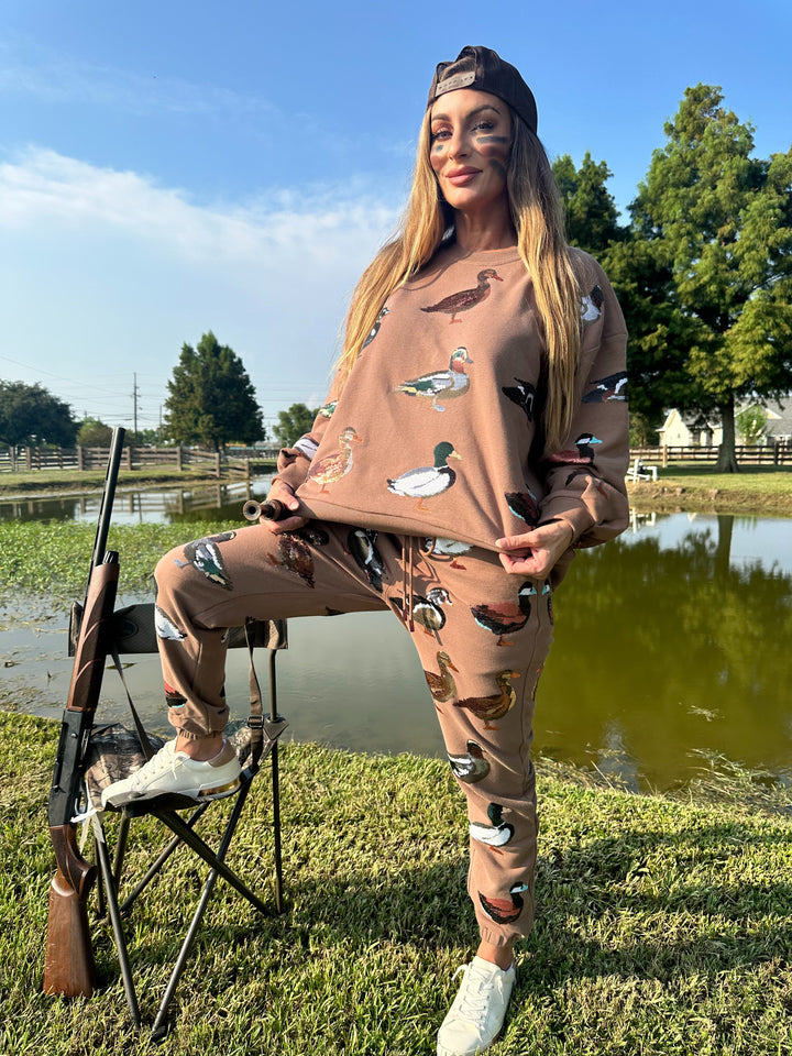 Queen Of Sparkles Brown Scattered Duck Sweatpants PRE ORDER-Pants-Queen Of Sparkles-Shop with Bloom West Boutique, Women's Fashion Boutique, Located in Houma, Louisiana