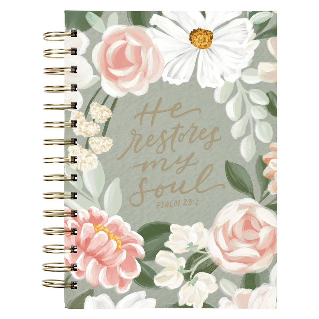 Journal Spiral-bound Green He Restores My Soul Ps. 23:3-Accessories-Christian Art Gifts-Shop with Bloom West Boutique, Women's Fashion Boutique, Located in Houma, Louisiana
