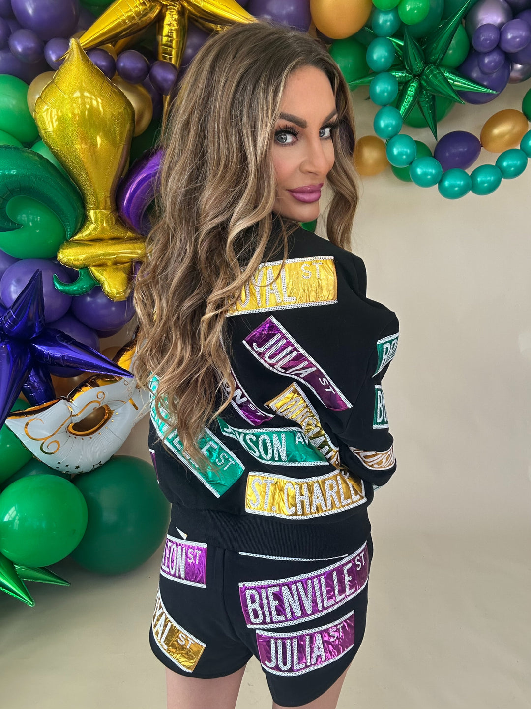 Queen of Sparkles Black Metallic Nola Street Signs Mardi Sweatshirt-QOS Tops-Queen Of Sparkles-Shop with Bloom West Boutique, Women's Fashion Boutique, Located in Houma, Louisiana