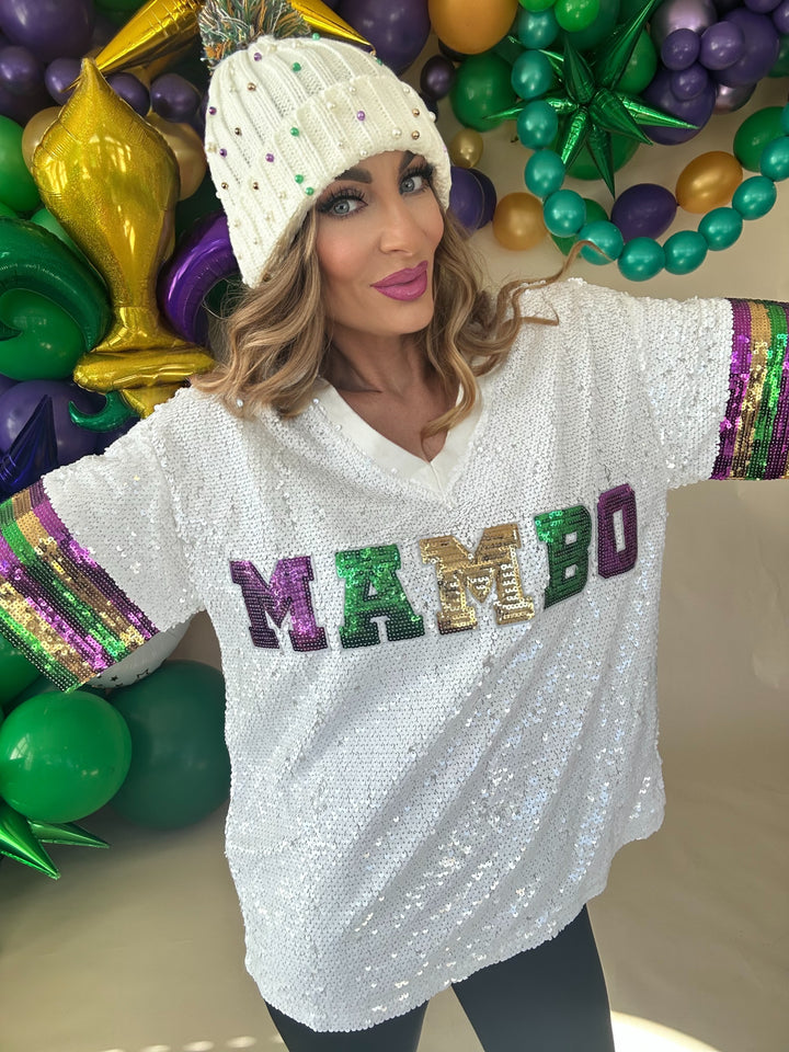 Mardi Gras Mambo Sequin V-Neck Top-Graphic Tees-Bibi-Shop with Bloom West Boutique, Women's Fashion Boutique, Located in Houma, Louisiana