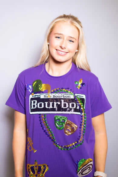 Bourbon Mardi Gras Purple Sequin Design Top-Graphic Tees-Bomb Designs-Shop with Bloom West Boutique, Women's Fashion Boutique, Located in Houma, Louisiana