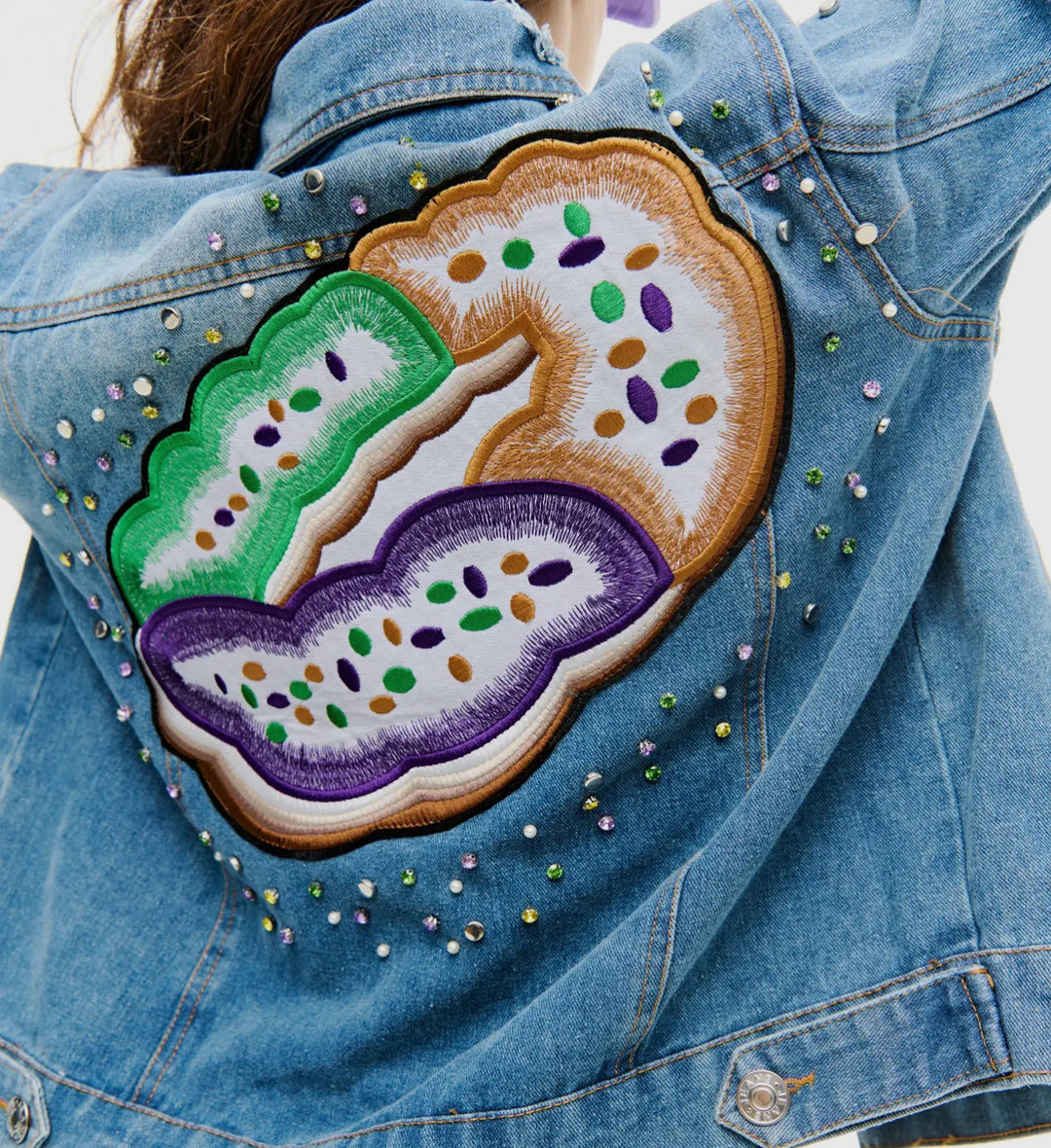 Mardi Gras King Cake Rhinestone Denim Jacket-Jackets-songlily-Shop with Bloom West Boutique, Women's Fashion Boutique, Located in Houma, Louisiana