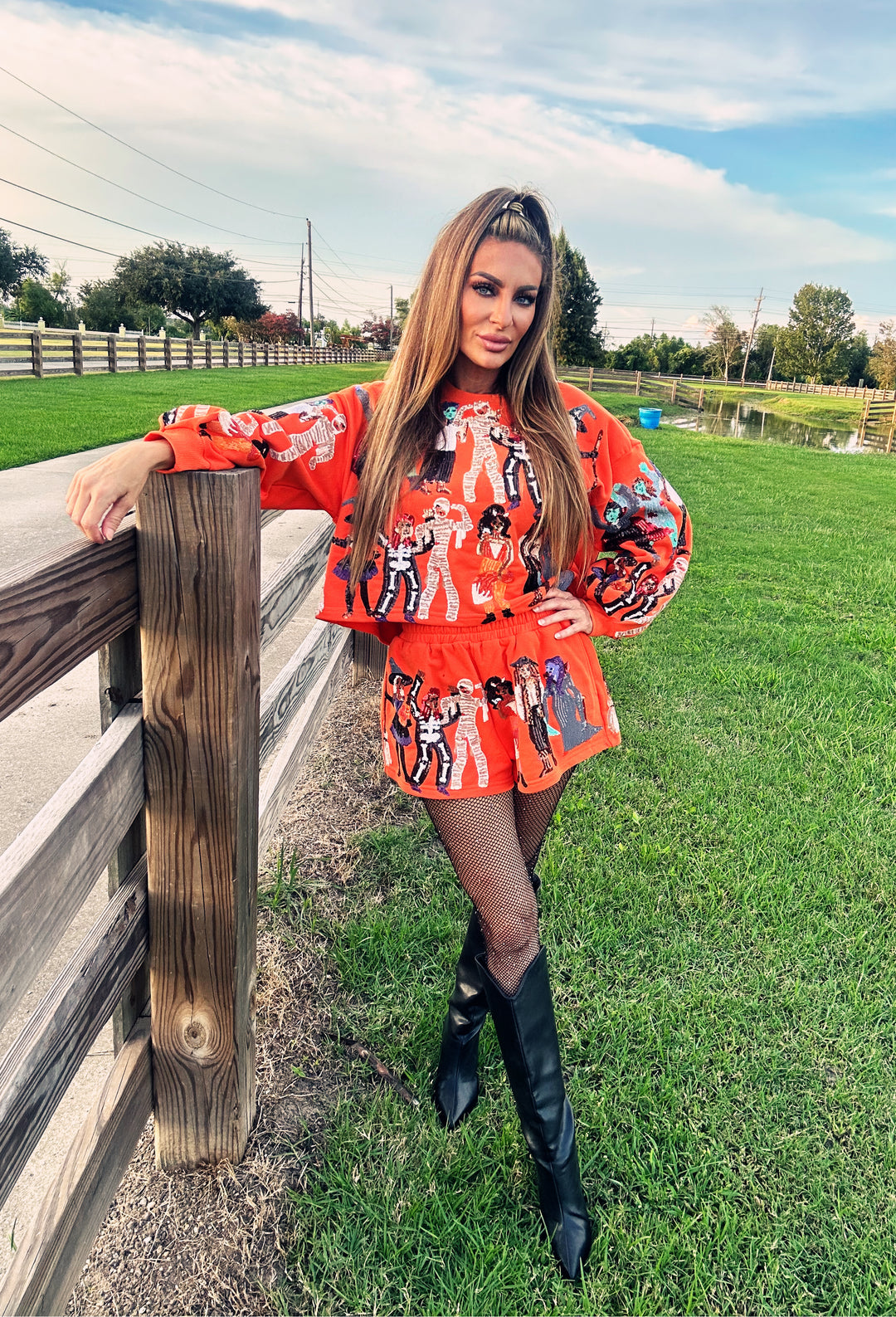 Queen of Sparkles Orange Spooky Dancers Sweatshirt-Graphic Sweaters-Queen Of Sparkles-Shop with Bloom West Boutique, Women's Fashion Boutique, Located in Houma, Louisiana