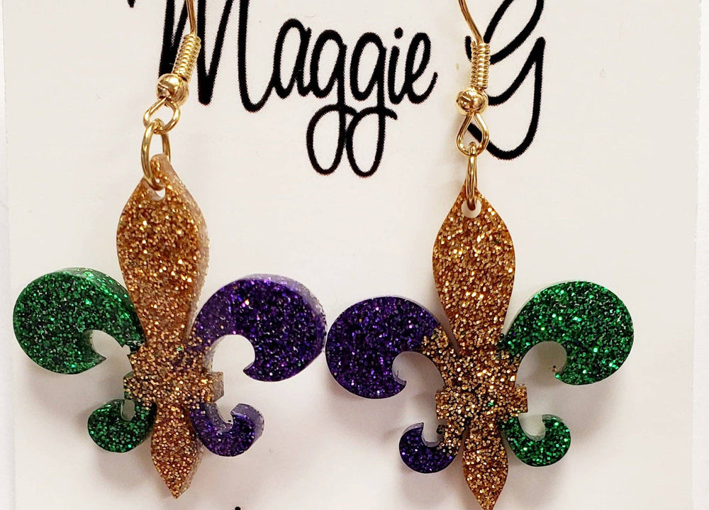Mardi Gras Fleur de Lis Earrings-Earrings-Maggie G-Shop with Bloom West Boutique, Women's Fashion Boutique, Located in Houma, Louisiana