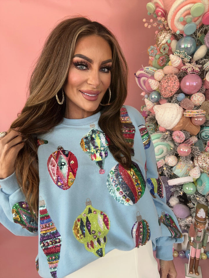 Queen Of Sparkles Light Blue Multi Color Ornaments Sweatshirt-QOS Tops-Queen Of Sparkles-Shop with Bloom West Boutique, Women's Fashion Boutique, Located in Houma, Louisiana