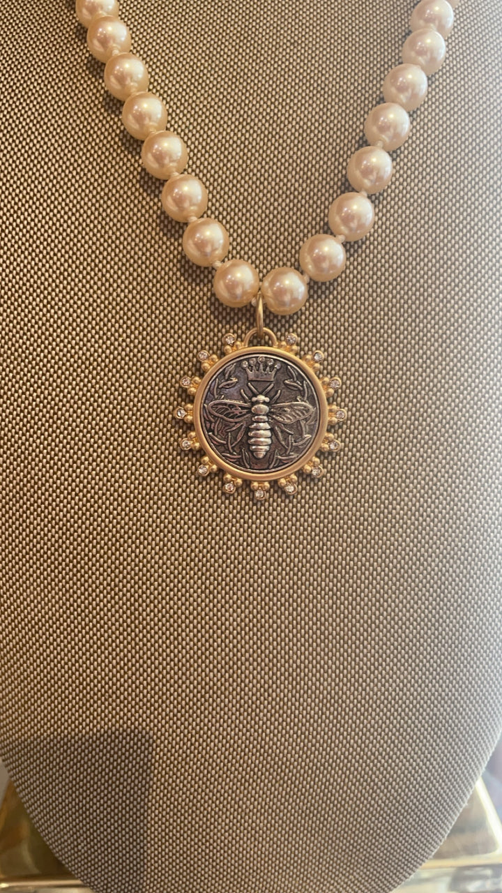 Silver Queen Bee Coin Pearl Necklace-Necklaces-Erin Knight Designs-Shop with Bloom West Boutique, Women's Fashion Boutique, Located in Houma, Louisiana