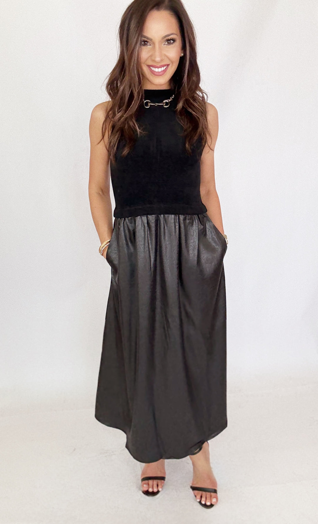 THML Sleeveless Mixed Media Maxi Dress-Dresses-THML-Shop with Bloom West Boutique, Women's Fashion Boutique, Located in Houma, Louisiana