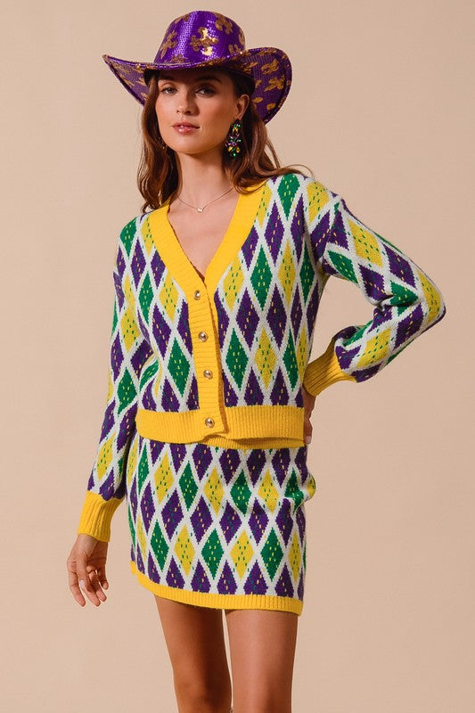 Mardi Gras Diamond Pattern Cardigan-Cardigans-So Me-Shop with Bloom West Boutique, Women's Fashion Boutique, Located in Houma, Louisiana