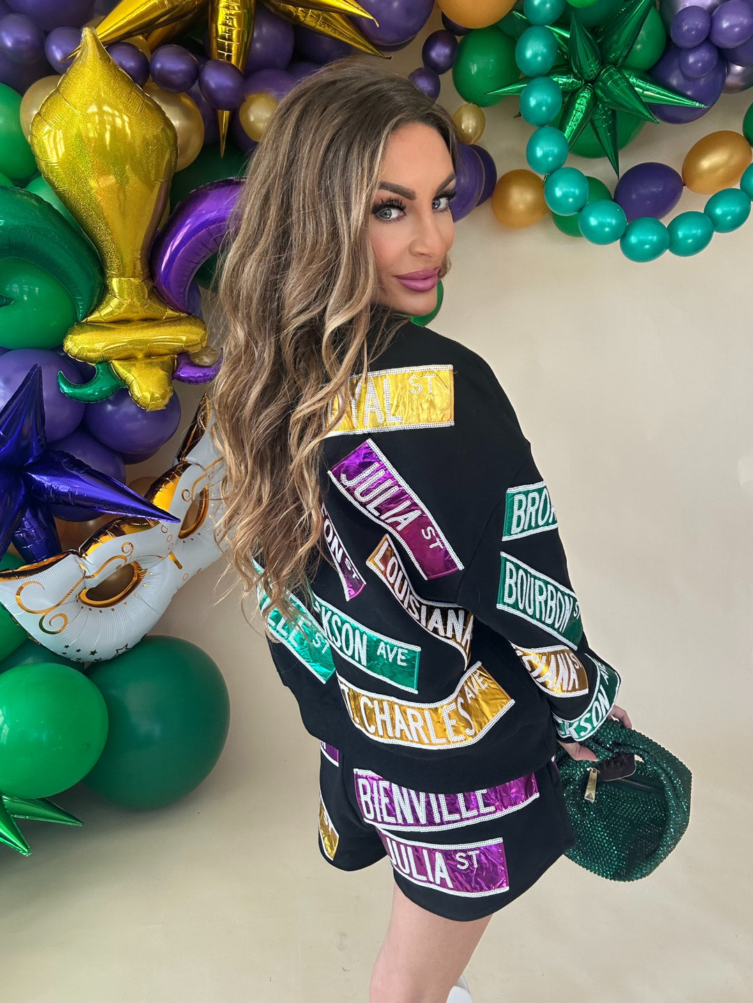 Queen of Sparkles Black Metallic Nola Street Signs Mardi Sweatshirt-QOS Tops-Queen Of Sparkles-Shop with Bloom West Boutique, Women's Fashion Boutique, Located in Houma, Louisiana