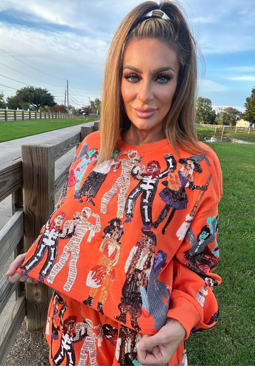 Queen of Sparkles Orange Spooky Dancers Sweatshirt-Graphic Sweaters-Queen Of Sparkles-Shop with Bloom West Boutique, Women's Fashion Boutique, Located in Houma, Louisiana