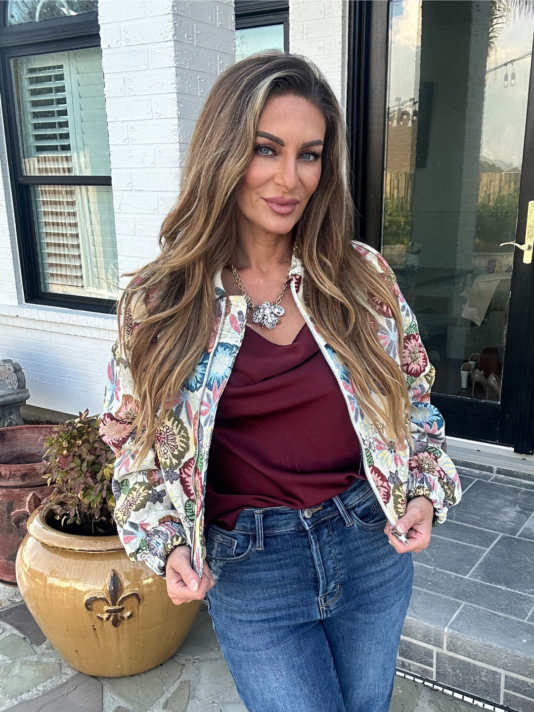 Flavia Retro Floral Jacket-Jackets-ee:some-Shop with Bloom West Boutique, Women's Fashion Boutique, Located in Houma, Louisiana