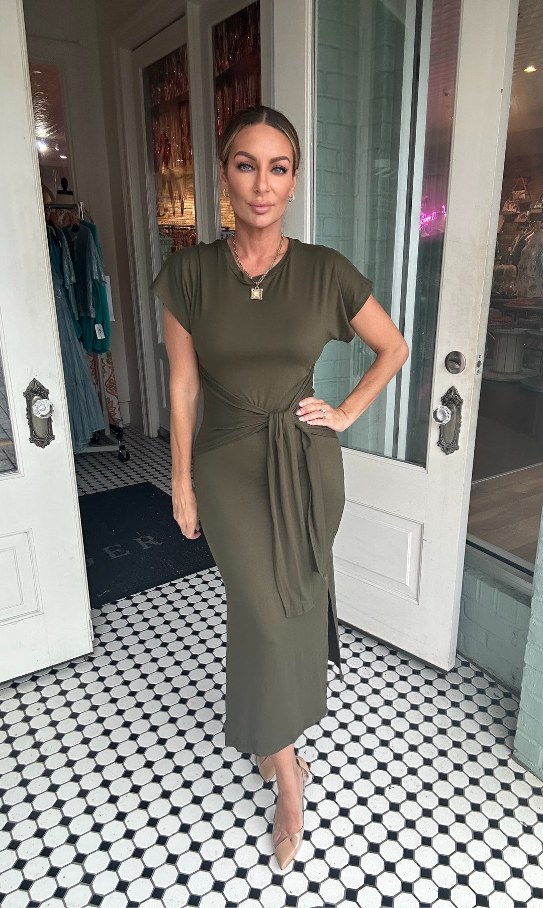 Fannie Tie Front Slit Dress-Midi Dresses-Capella Apparel-Shop with Bloom West Boutique, Women's Fashion Boutique, Located in Houma, Louisiana