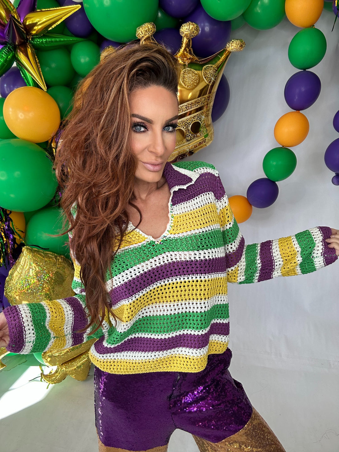 Mardi Gras Open Collar Striped Sweater Top-Tops-LovLov-Shop with Bloom West Boutique, Women's Fashion Boutique, Located in Houma, Louisiana