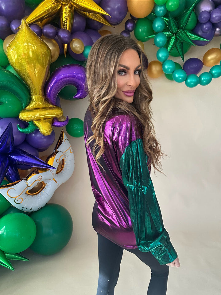 Mardi Gras Metallic Silky Button Down Top-Long Sleeves-Bibi-Shop with Bloom West Boutique, Women's Fashion Boutique, Located in Houma, Louisiana