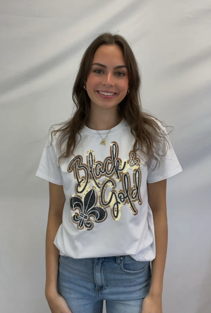 Black and Gold women’s sequin design-Graphic Tees-Bomb Designs-Shop with Bloom West Boutique, Women's Fashion Boutique, Located in Houma, Louisiana