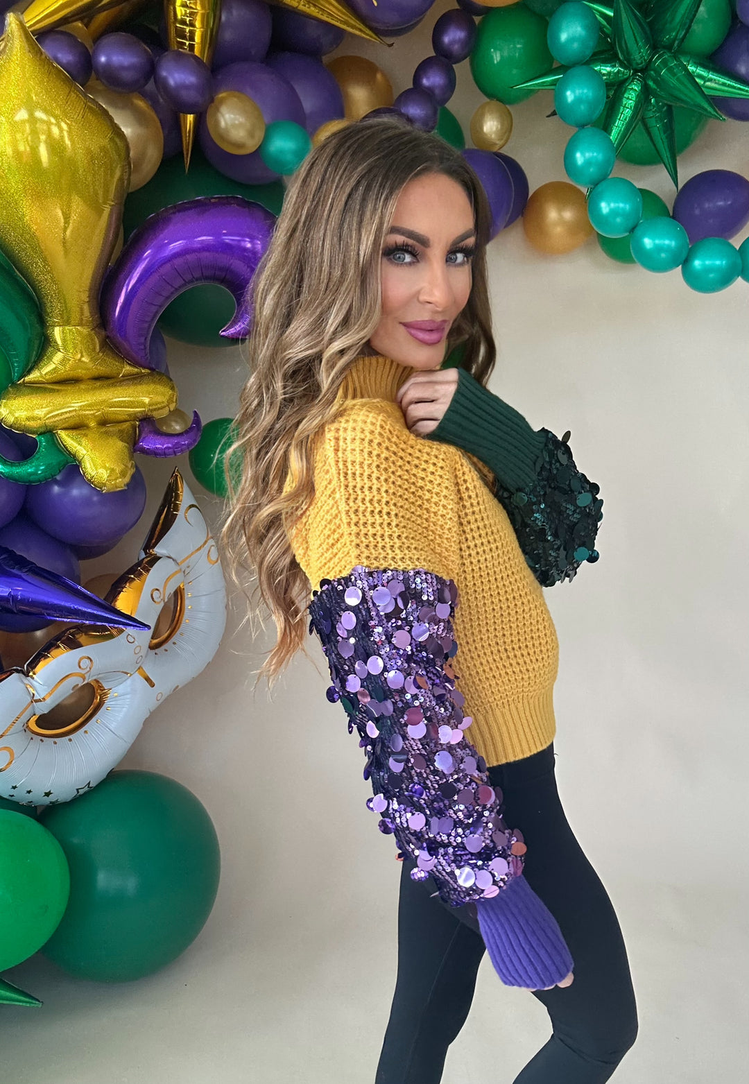 Krewe Spangled Sleeve Mardi Gras Color Block Sweater-Sweaters-Bibi-Shop with Bloom West Boutique, Women's Fashion Boutique, Located in Houma, Louisiana