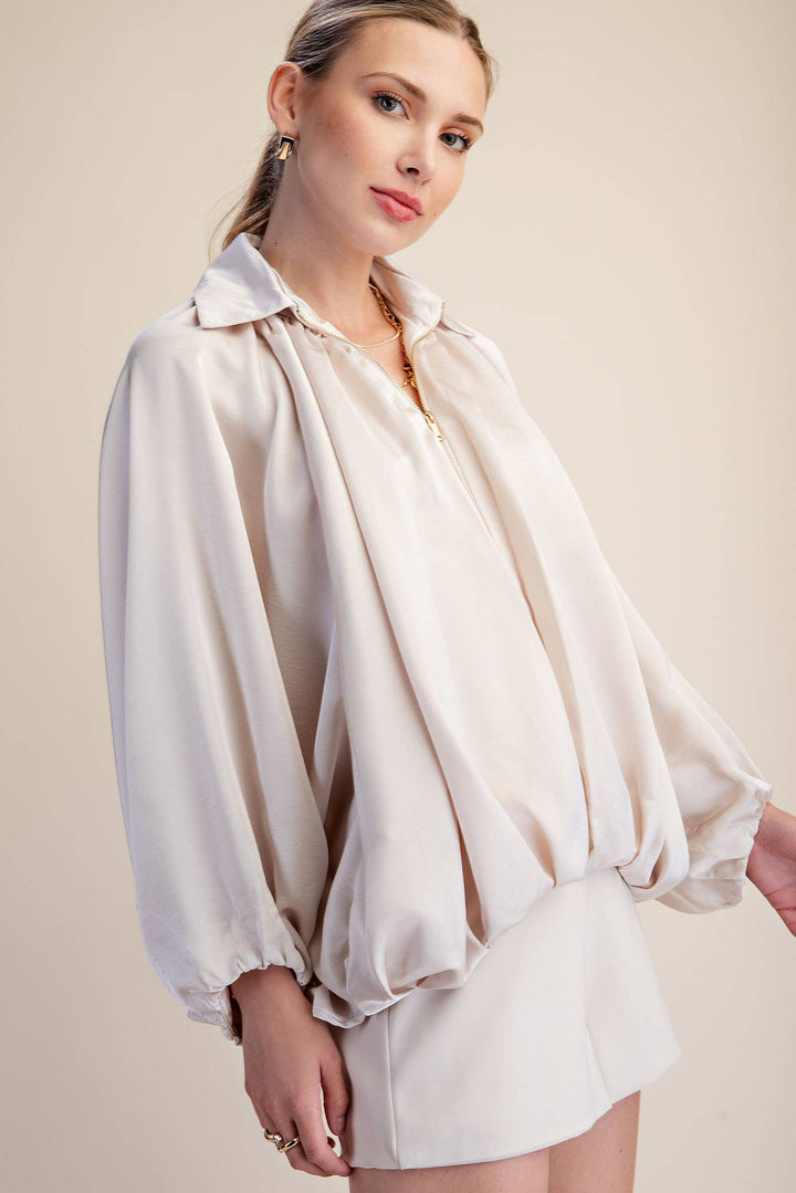 Balloon Pleated Detail Bomber Jacket-Glam-Shop with Bloom West Boutique, Women&