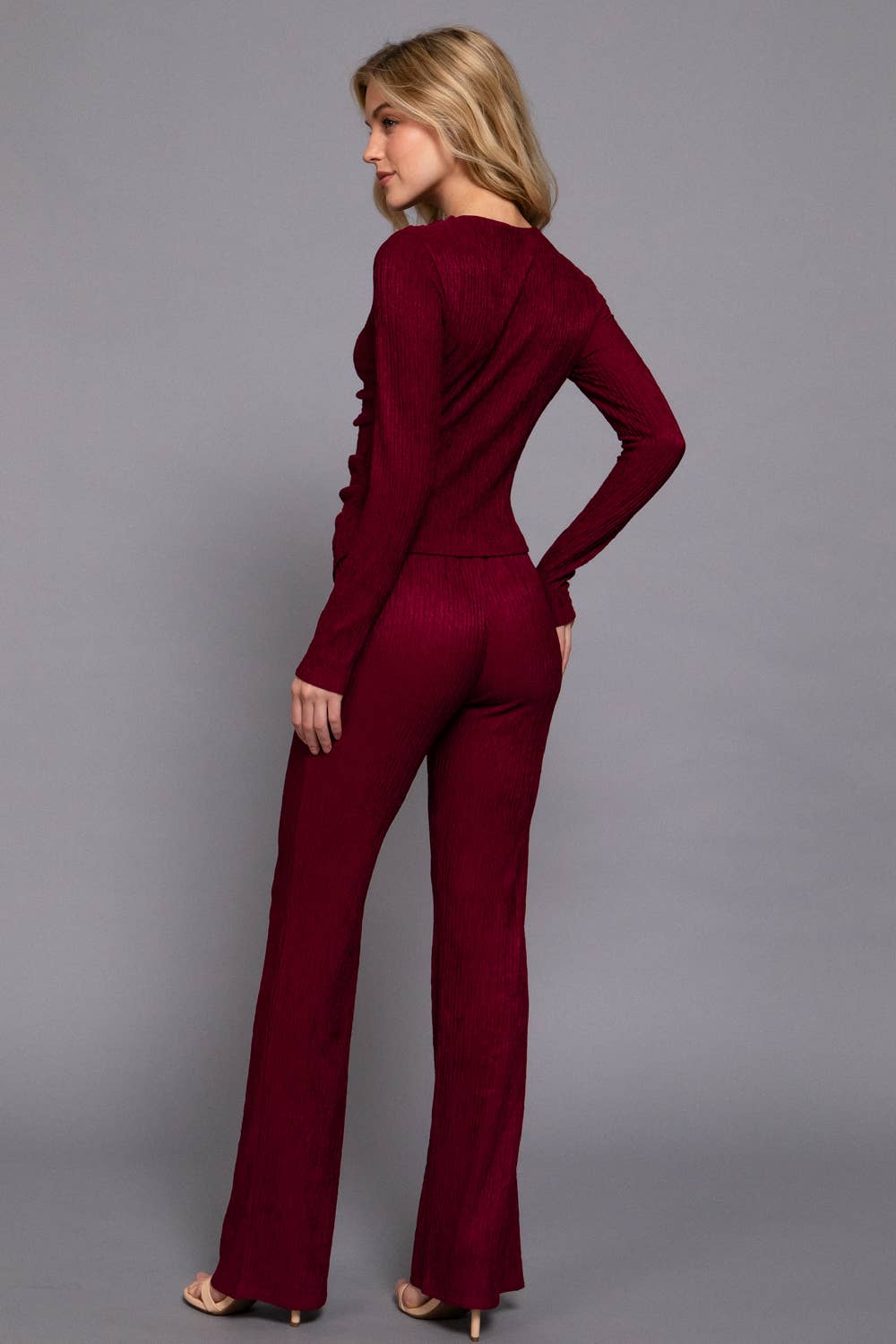 Long Sleeve Draped Top & Waist Band Flare Pants Set: BRG-wine / L-Two Piece Set-Active Basic | Active USA-Shop with Bloom West Boutique, Women's Fashion Boutique, Located in Houma, Louisiana