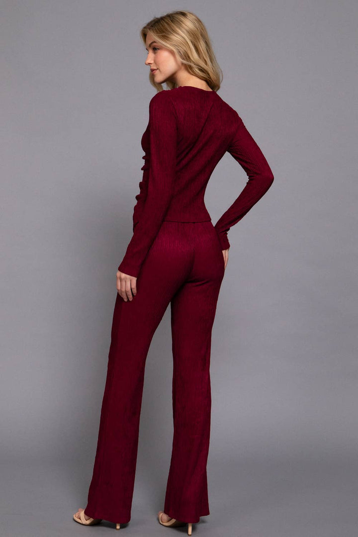 Long Sleeve Draped Top & Waist Band Flare Pants Set: BRG-wine / L-Two Piece Set-Active Basic | Active USA-Shop with Bloom West Boutique, Women's Fashion Boutique, Located in Houma, Louisiana