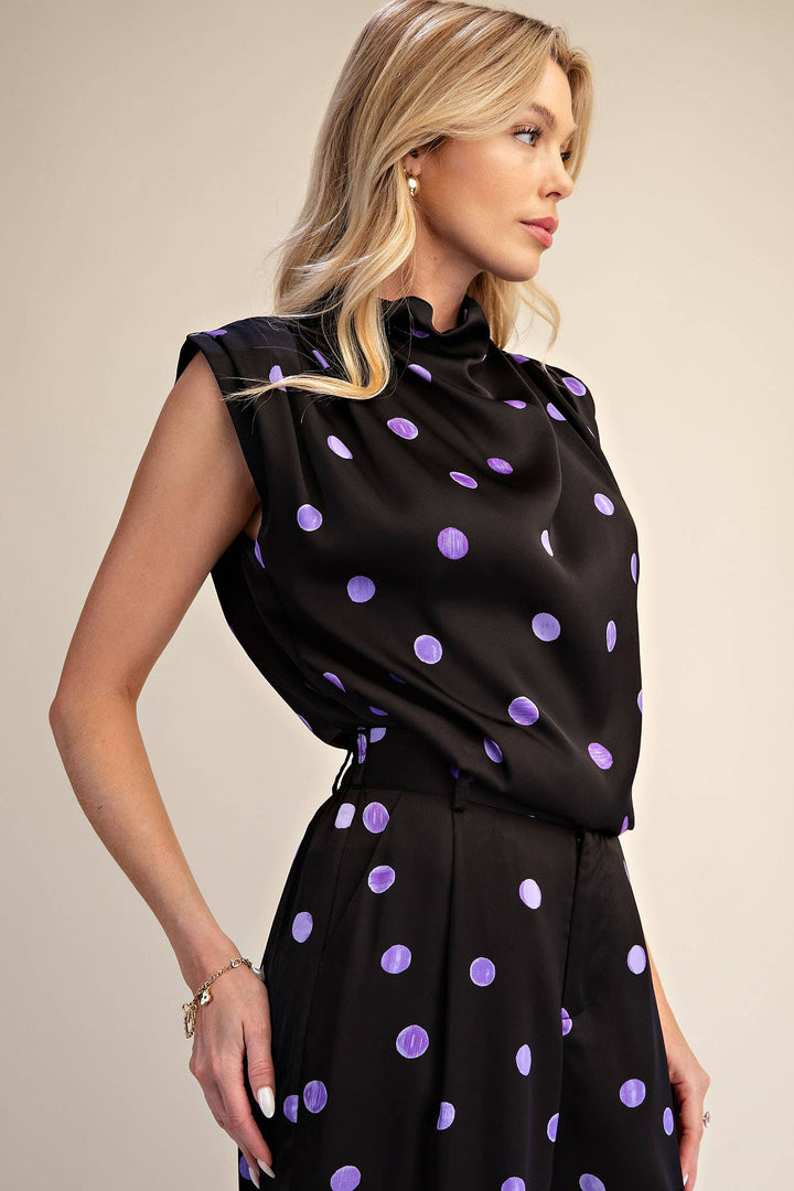 Cowl Mock Neck Pleats Shoulder Sleeveless Top Polka Dot-Glam-Shop with Bloom West Boutique, Women&