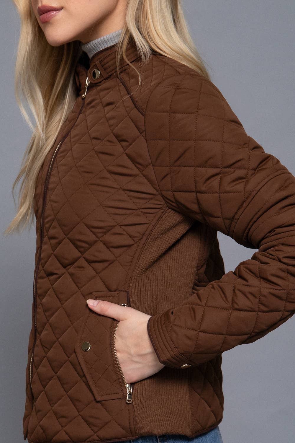 Suede Piping Detail Rib Quilted Padding Jacket : OLV-olive oil / L-Active Basic | Active USA-Shop with Bloom West Boutique, Women's Fashion Boutique, Located in Houma, Louisiana