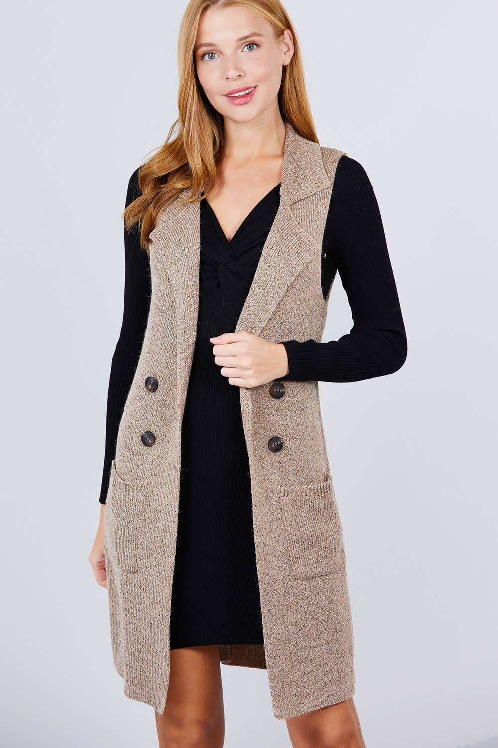 Sleeveless Notched Collar Long Sweater Vest: KHA-heather khaki / L-Cardigans-Active Basic | Active USA-Shop with Bloom West Boutique, Women's Fashion Boutique, Located in Houma, Louisiana