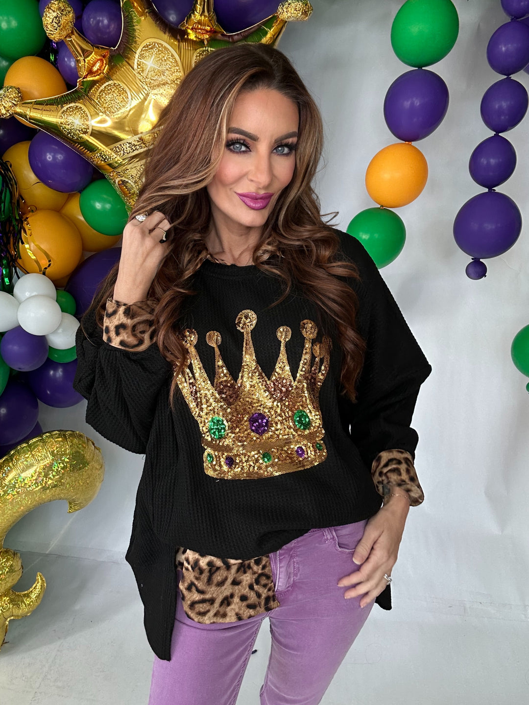 Crown Sequin Embroidery Mardi Gras Sweatshirt Top-Tops-Bibi-Shop with Bloom West Boutique, Women's Fashion Boutique, Located in Houma, Louisiana