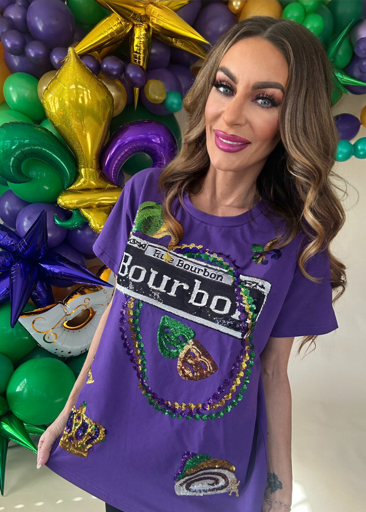 Bourbon Mardi Gras Purple Sequin Design Top-Graphic Tees-Bomb Designs-Shop with Bloom West Boutique, Women's Fashion Boutique, Located in Houma, Louisiana