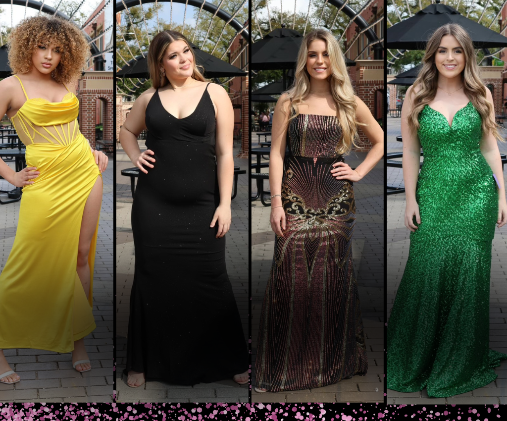 Four women in different evening gowns standing outdoors | 50% Off Formal Dresses | Bloom West Boutique | Houma, LA