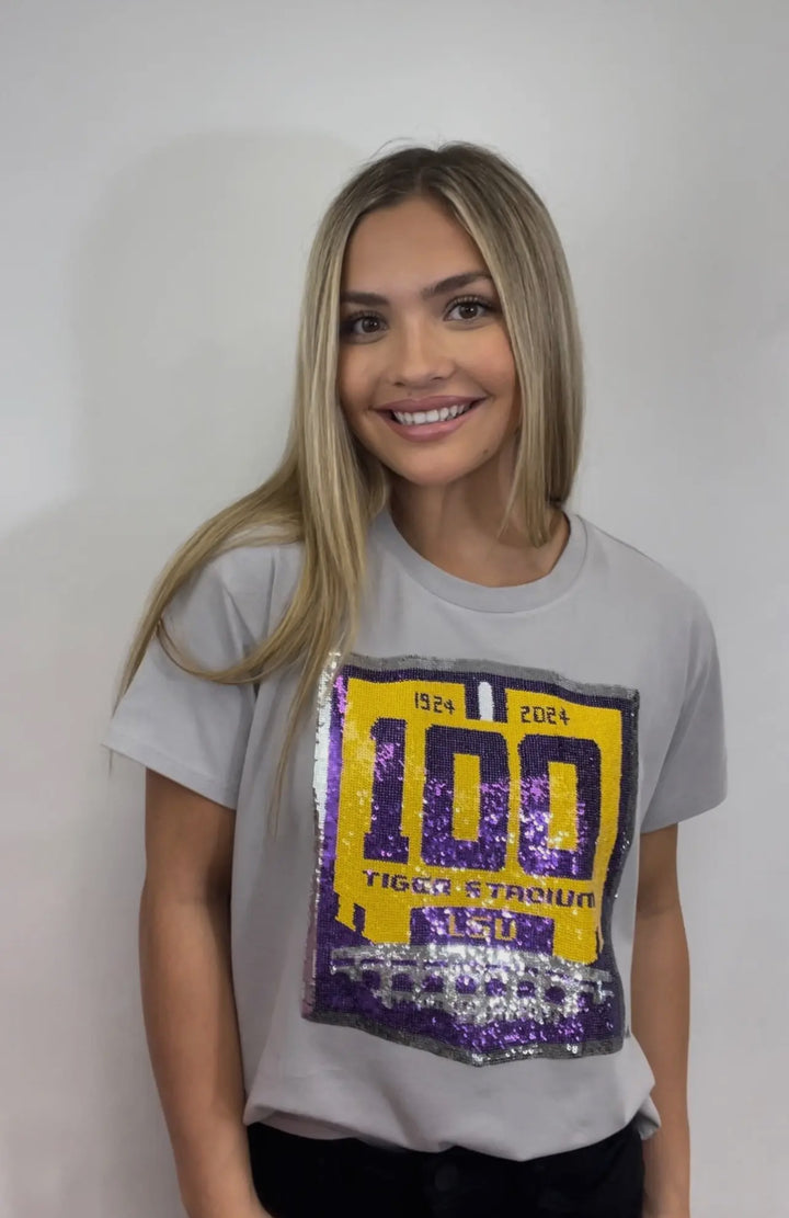 LSU 100 Years Tiger Stadium (Licensed) Sequin Tee-Graphic Tees-Bomb Designs-Shop with Bloom West Boutique, Women's Fashion Boutique, Located in Houma, Louisiana