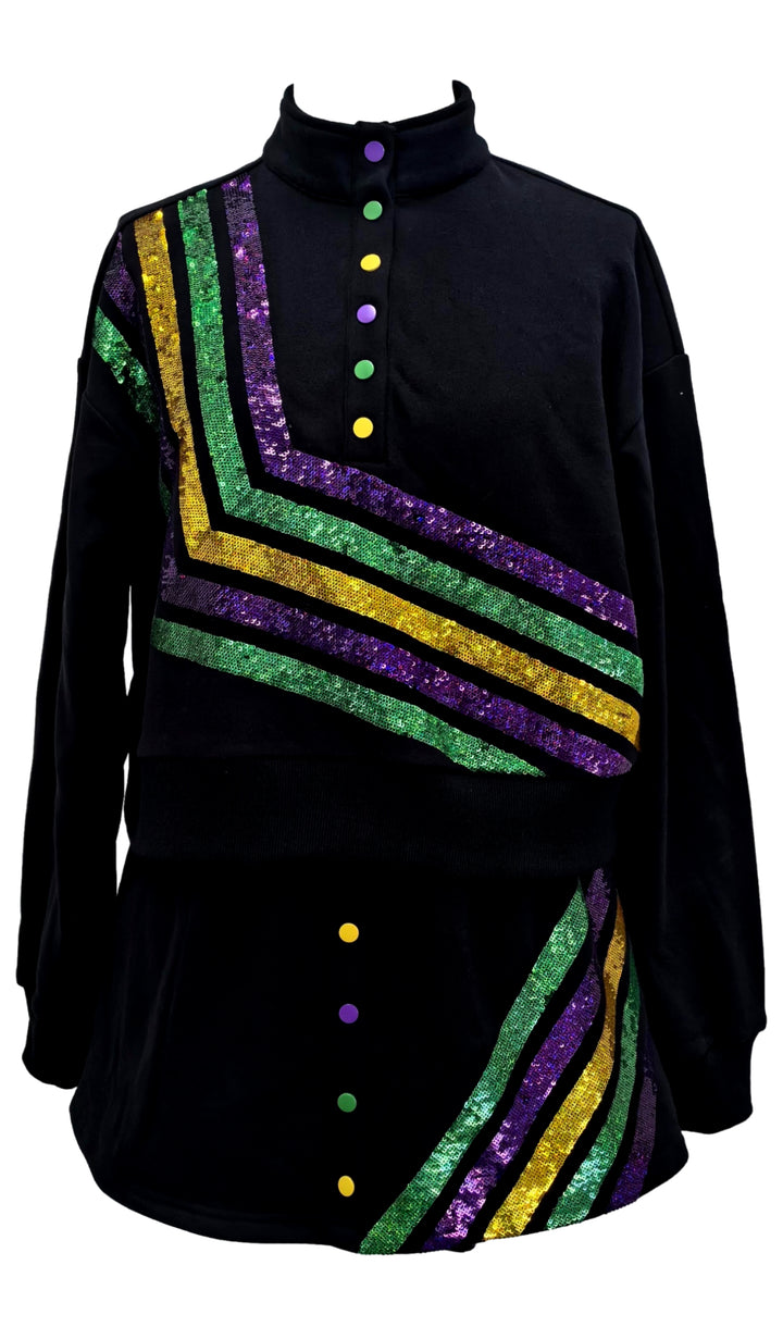 Queen Of Sparkles Black Mardi Gras Diagonal Henley Sweatshirt-QOS Tops-Queen Of Sparkles-Shop with Bloom West Boutique, Women's Fashion Boutique, Located in Houma, Louisiana