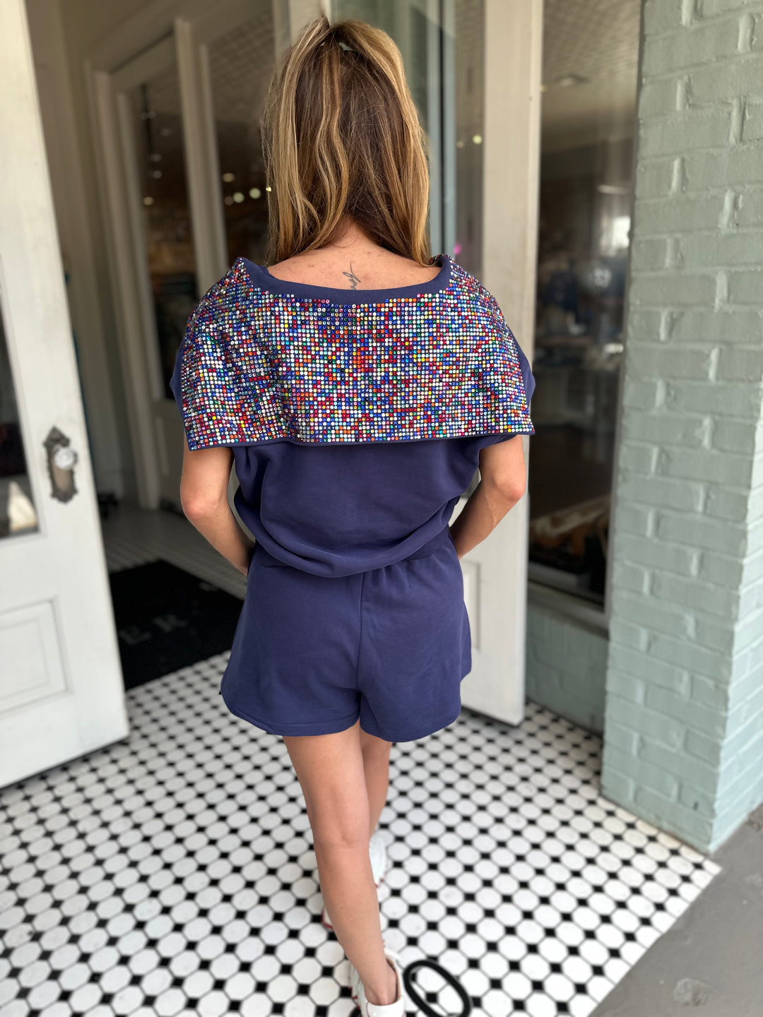 Queen Of Sparkles Navy Rhinestone Collar Top-Short Sleeves-Queen Of Sparkles-Shop with Bloom West Boutique, Women's Fashion Boutique, Located in Houma, Louisiana