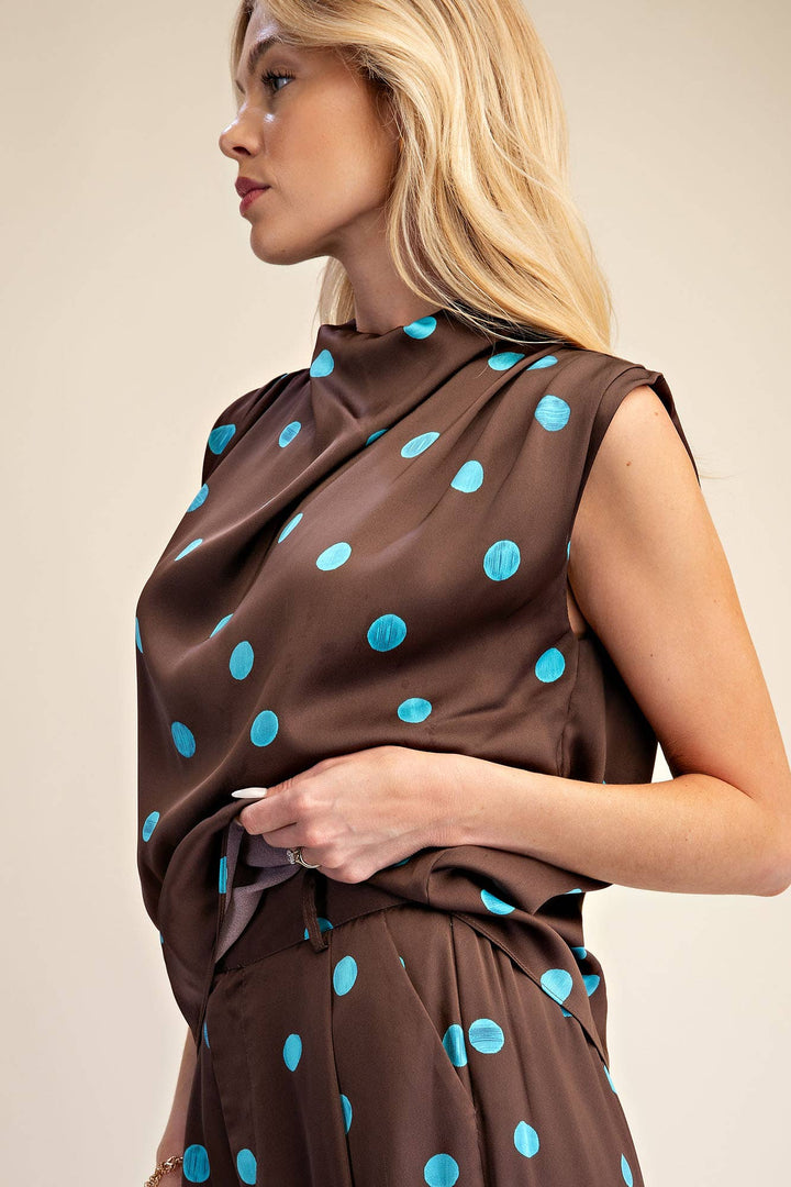Cowl Mock Neck Pleats Shoulder Sleeveless Top Polka Dot-Glam-Shop with Bloom West Boutique, Women&