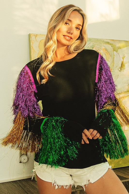 Tiered Tinsel Fringe Mardi Gras Top-Long Sleeves-Bibi-Shop with Bloom West Boutique, Women's Fashion Boutique, Located in Houma, Louisiana