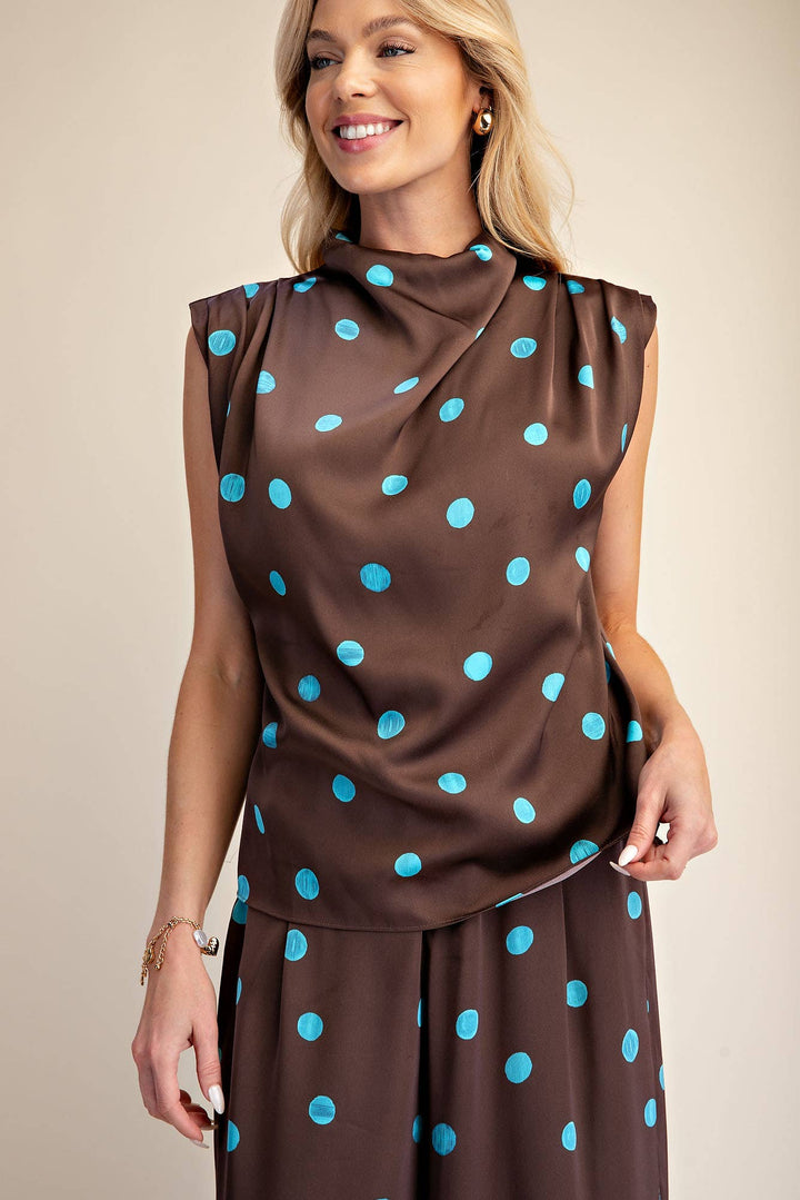 Cowl Mock Neck Pleats Shoulder Sleeveless Top Polka Dot-Glam-Shop with Bloom West Boutique, Women&