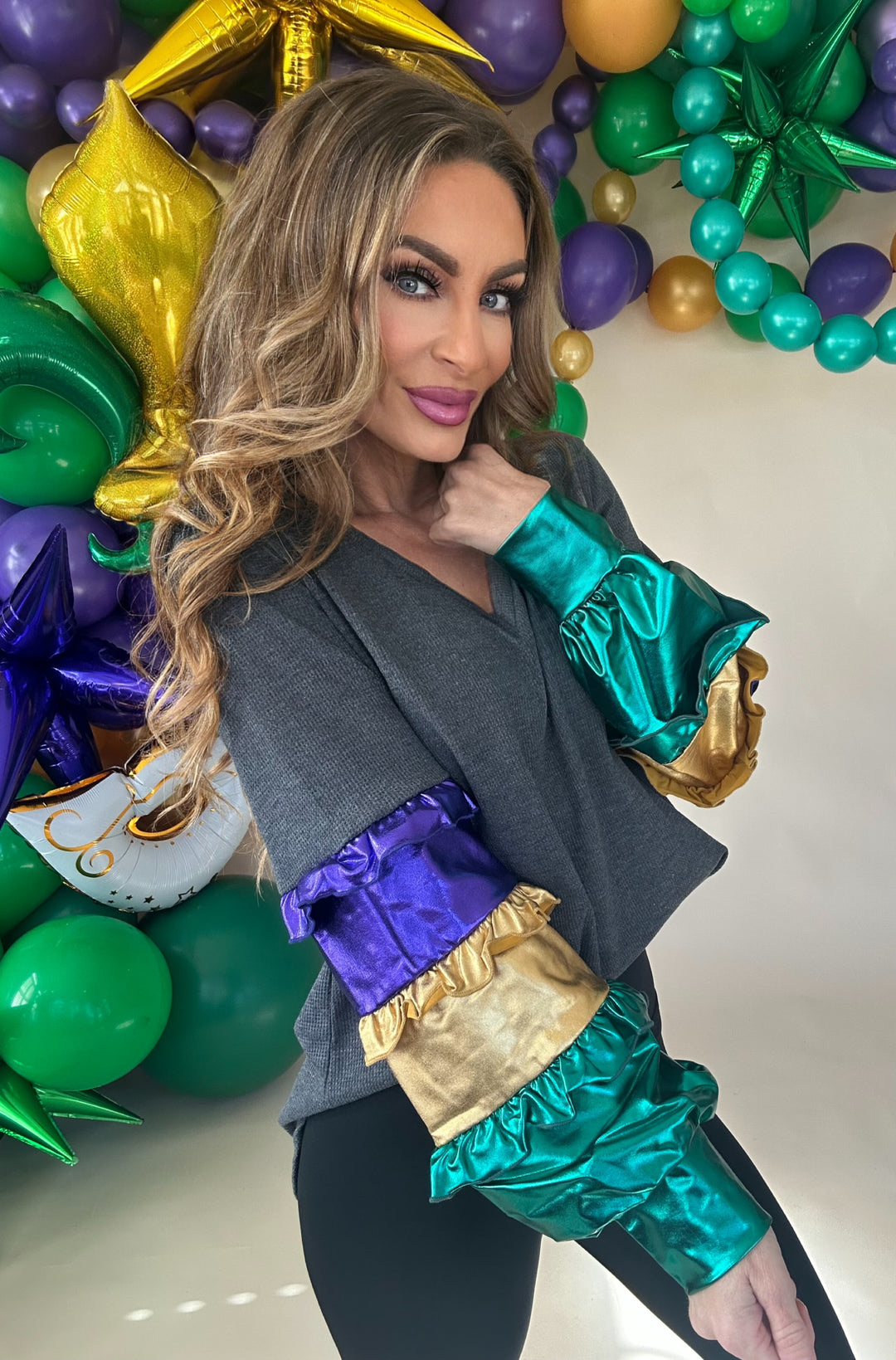 Mardi Foil Ruffled Color Block Thermal V-Neck Top-Long Sleeves-Bibi-Shop with Bloom West Boutique, Women's Fashion Boutique, Located in Houma, Louisiana