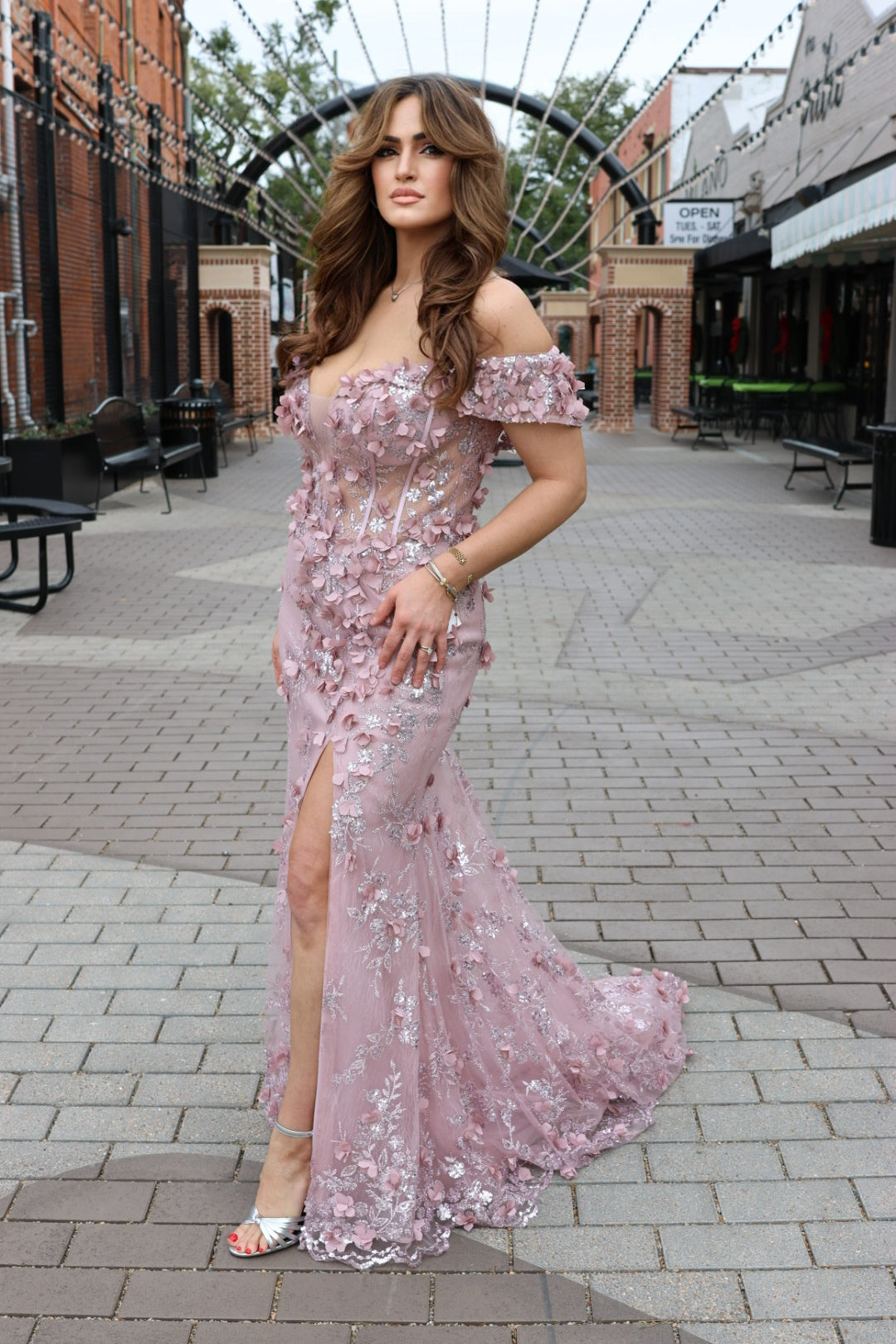 Kilah Off The Shoulder 3D Applique Floral Gown-Formal Gowns-17 young dress-Shop with Bloom West Boutique, Women's Fashion Boutique, Located in Houma, Louisiana