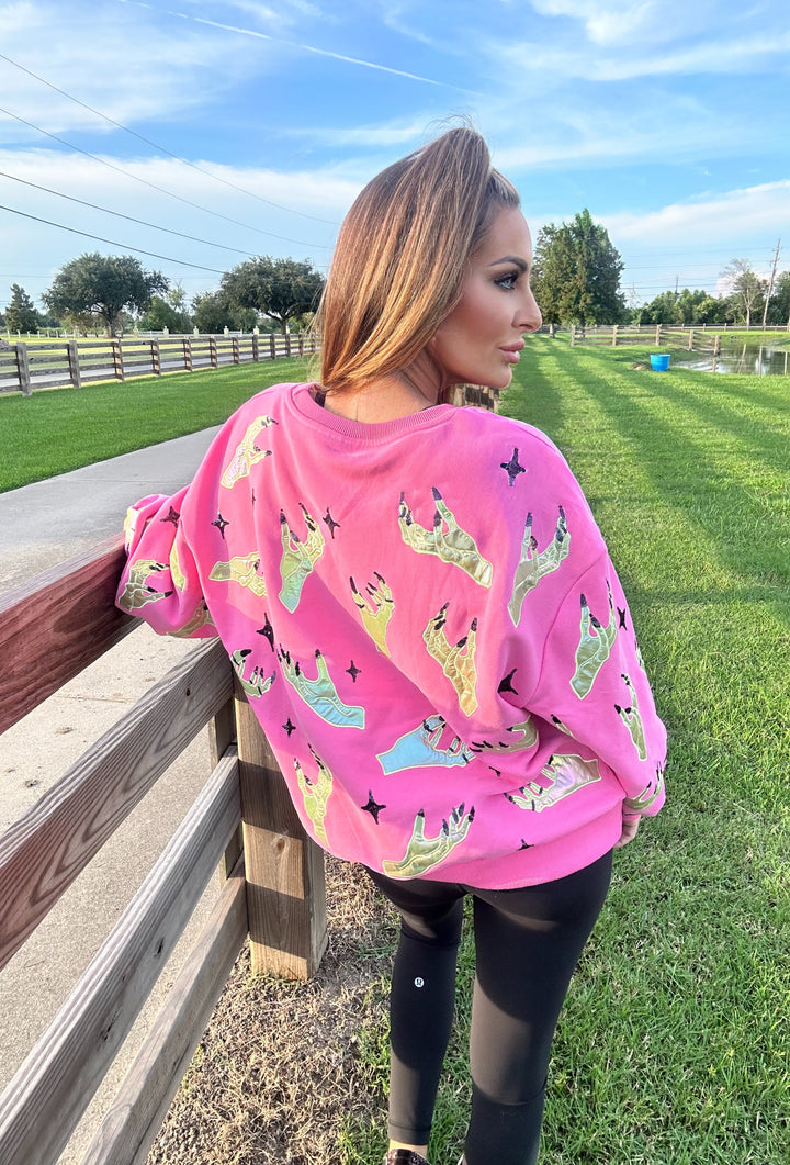 Queen of Sparkles Pink and Green Witch Hand-Sweaters-Queen Of Sparkles-Shop with Bloom West Boutique, Women's Fashion Boutique, Located in Houma, Louisiana