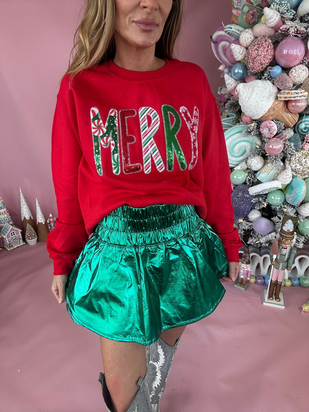 Emerald Metallic Faux Leather Sporty Skort-Skirts-Peach Love-Shop with Bloom West Boutique, Women's Fashion Boutique, Located in Houma, Louisiana