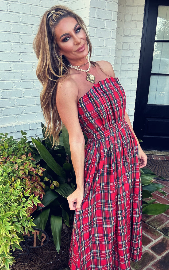 Timothy Red Holiday Plaid Maxi Dress-Maxi Dresses-Entro-Shop with Bloom West Boutique, Women's Fashion Boutique, Located in Houma, Louisiana