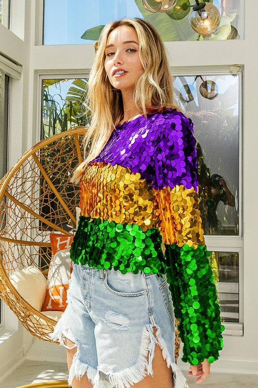 Mardi Gras Color Block Spangle Top-Long Sleeves-Bibi-Shop with Bloom West Boutique, Women's Fashion Boutique, Located in Houma, Louisiana