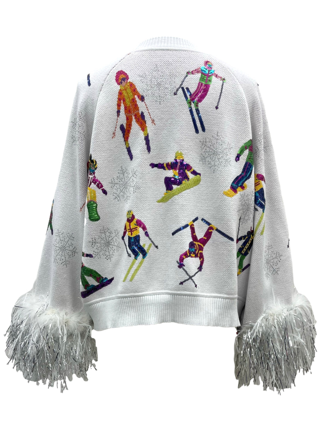 Queen Of Sparkles White Skiers & Snowflakes Feather Sleeve Cardigan-QOS Tops-Queen Of Sparkles-Shop with Bloom West Boutique, Women's Fashion Boutique, Located in Houma, Louisiana